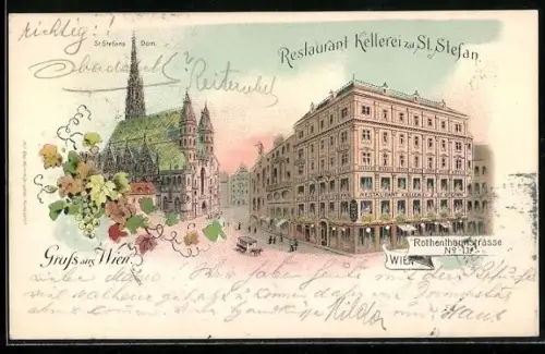 Lithographie Wien, Restaurant Kellerei zu St. Stefan, Pferdebahn, St-Stefans-Dom