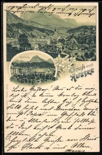 Lithographie Aussee, Kurpark und Panorama