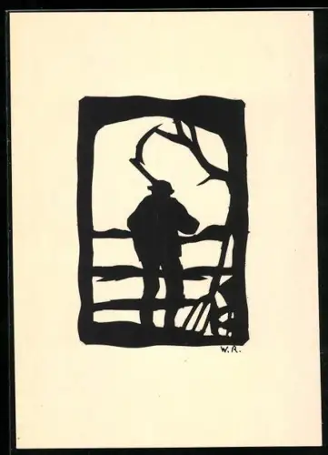 Künstler-AK W. R.: Scherenschnitt Bauer mit Sense