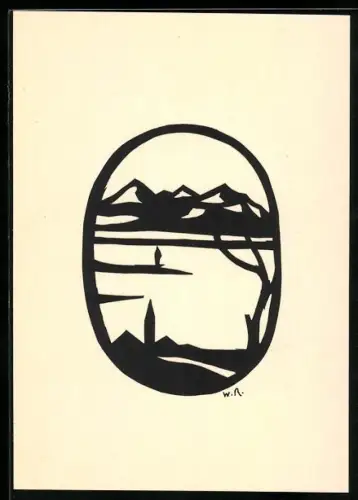 Künstler-AK W. R.: Scherenschnitt Idyllische Berglandschaft