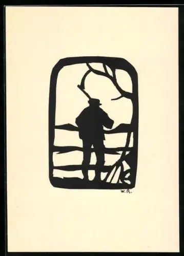 Künstler-AK W. R.: Scherenschnitt Bauer mit Sense vor einem Zaun