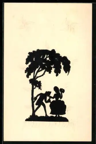 AK Scherenschnitt, Rokoko Paar unter einem Baum