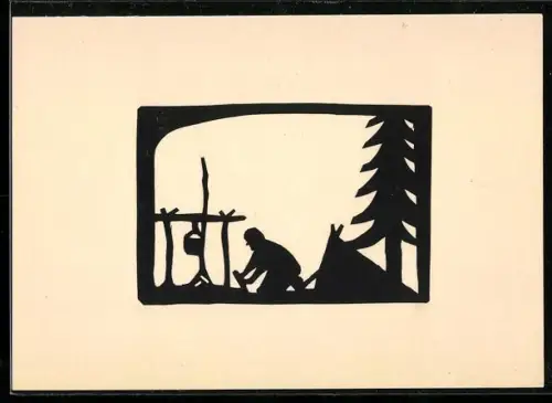 Künstler-AK Camper richtet sein Lager her, Scherenschnitt