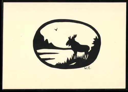 Künstler-AK Elch am See, Scherenschnitt