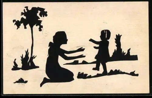 AK Mutter mit ihrem Kind auf einer Wiese, Scherenschnitt