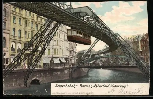 AK Wuppertal, Schwebebahn Barmen-Elberfeld-Vohwinkel, Häuserzeilen am Ufer der Wupper