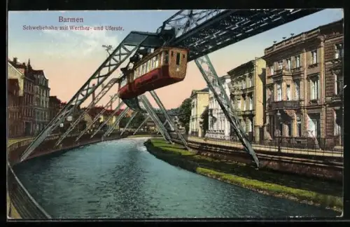 AK Barmen, Schwebebahn mit Werther- und Uferstrasse
