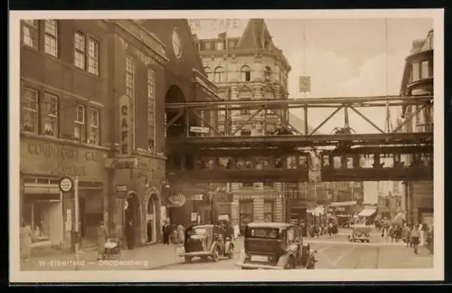AK Wuppertal-Elberfeld, Bahnhof der Schwebebahn Döppersberg mit Conditorei-Cafe Meurer