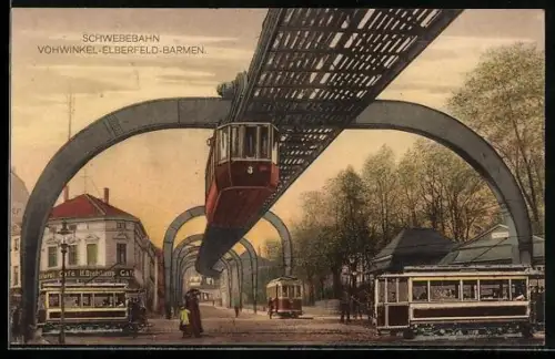 AK Vohwinkel-Elberfeld-Barmen, Strassenpartie mit Cafe H. Bremkamp, Schwebebahn und Strassenbahn