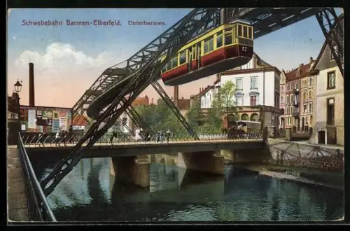 AK Barmen-Elberfeld, Schwebebahn, Unterbarmen, Schwebebahn über einer Brücke