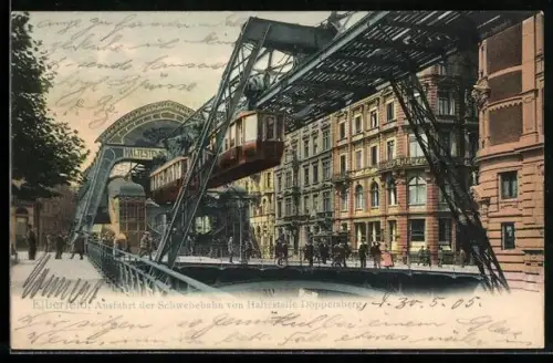 AK Elberfeld, Ausfahrt der Schwebebahn vom Bahnhof Döppersberg