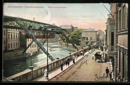 AK Elberfeld-Barmen, Mäuerchenstrasse mit Schwebebahn