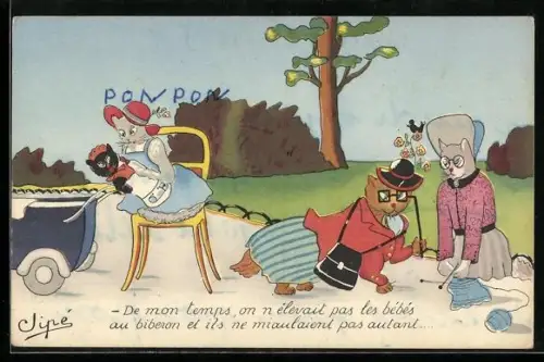 Künstler-AK Katzen auf einem Weg im Garten, Mutter mit Kind und Kinderwagen