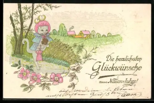 Präge-AK Elegante Katze mit Hut und Mantel läuft durch ein Feld