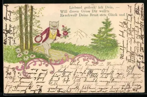 Präge-AK Eleganter Kater mit Rosenzweig läuft durch den Wald
