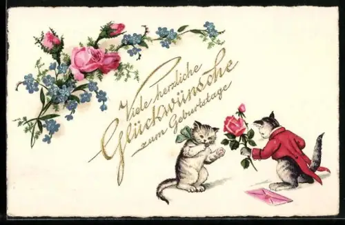 AK Kater gibt einer Katze Rosen zum Geburtstag