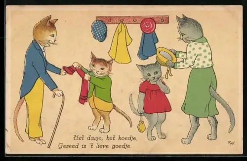 Künstler-AK Katzeneltern helfen ihren Kindern beim Ankleiden