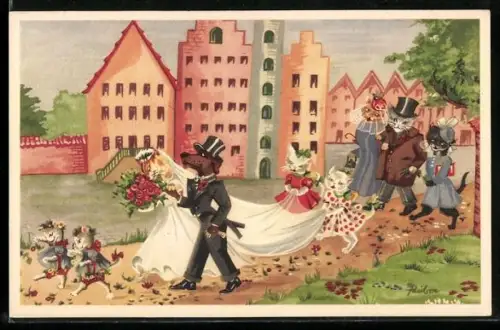 Künstler-AK Katzendame und Hundeherr bei ihrer Hochzeit