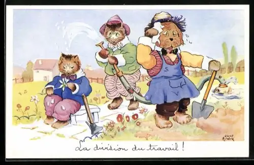 Künstler-AK Hund und Katzen bei der Gartenarbeit