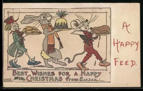 Künstler-AK Maus, Hase und Käfer bringen das Weihnachtsessen