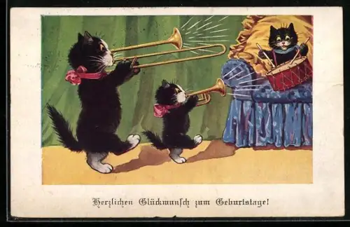 AK Zwei Kätzchen spielen Trompeten neben einem Trommler