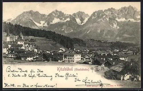 AK Kitzbühel, Panorama mit Ort und Gebirgskulisse