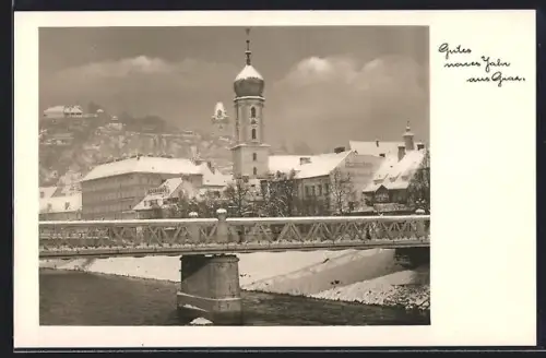 AK Graz, Brücke mit Kirche und Schlossberg, Winteransicht