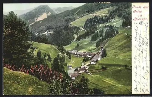 AK Gries am Brenner, Panorama mit Dorf und Kirche