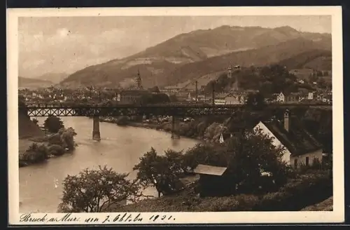 AK Bruck an der Mur, Panorama mit Murbrücke und Kirchtürmen