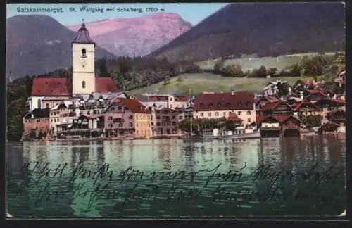 AK St. Wolfgang /Salzkammergut, Ortsansicht mit Kirche, See und Schafberg
