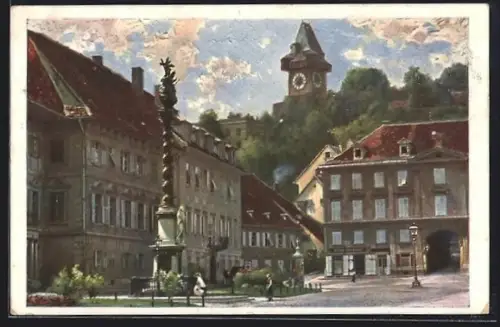 AK Graz, Hauptplatz mit Uhrturm