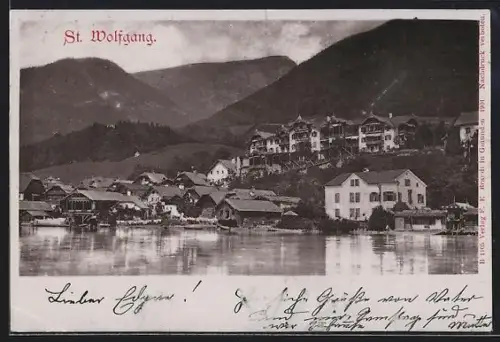 AK St. Wolfgang, Ortsansicht am See mit Bergpanorama