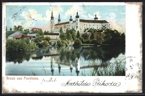 AK Puchheim, Schloss mit Kirchtürmen am See, Spiegelung