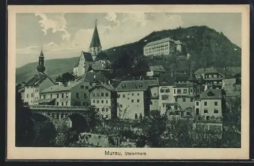 AK Murau /Steiermark, Stadtansicht mit Kirche, Schloss und Brücke
