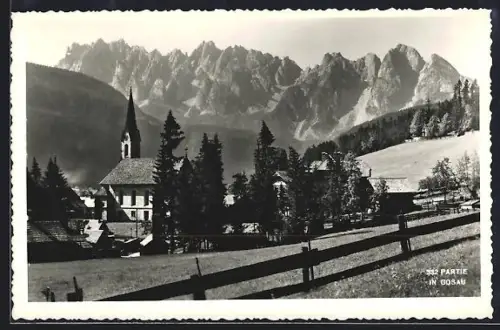 AK Gosau, Partie mit Kirche und Gebirgspanorama