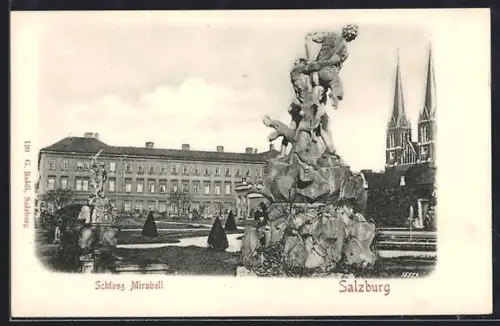 AK Salzburg, Schloss Mirabell, Garten mit Brunnen und Domtürmen