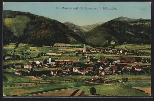AK St. Marein mit St. Lorenzen, Panorama mit Ort und Kirchen