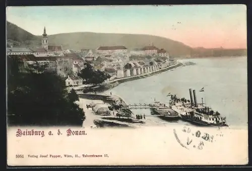 AK Hainburg a. d. Donau, Ortsansicht mit Dampfschiff und Kirche