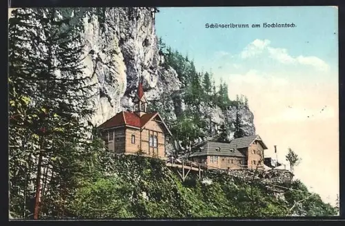 AK Breitenau am Hochlantsch, Schüsserlbrunn am Hochlantsch, Häuser an Felswand mit Kapelle