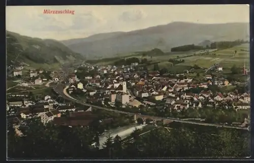AK Mürzzuschlag, Panorama mit Bahnhof und Brücke