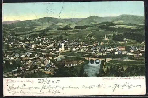 AK Mürzzuschlag, Panorama mit Brücke und Kirche