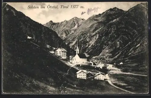 AK Sölden im Ötztal, Bergdorf mit Kirche und Gebirgspanorama