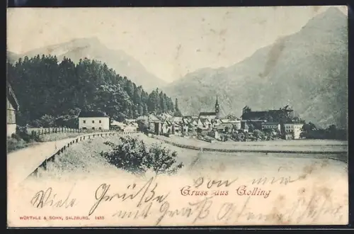 AK Golling, Ortsansicht mit Kirche und Brücke