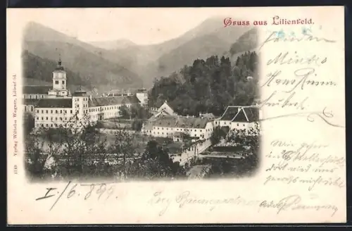 AK Lilienfeld, Stift mit Brücke und Gebirgspanorama