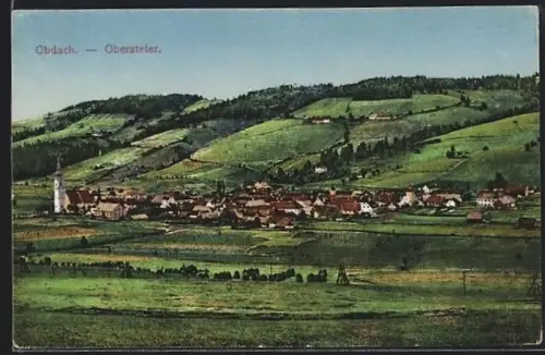 AK Obdach /Obersteier., Panorama mit Dorf und Kirche