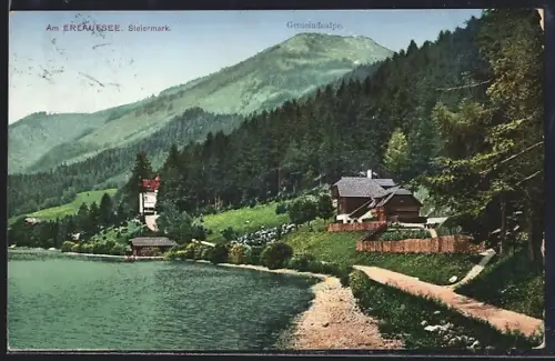 AK Erlaufsee /Steiermark, Seeufer mit Häusern und Gemeindealpe