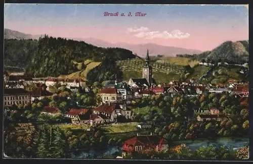 AK Bruck a. d. Mur, Panorama mit Kirche und Fluss