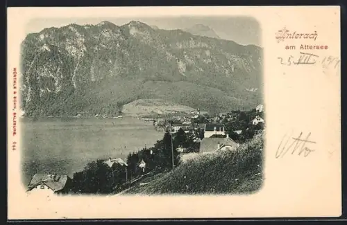 AK Unterach am Attersee, Seeufer mit Bergpanorama