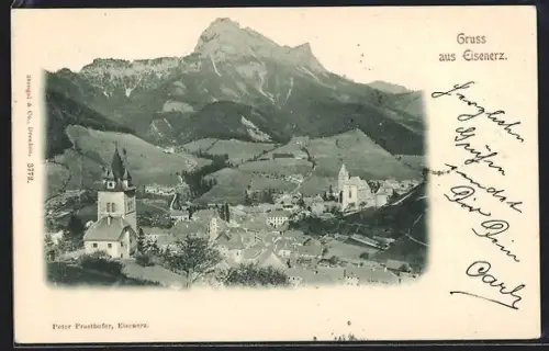 AK Eisenerz, Ortsansicht mit Kirche und Bergpanorama