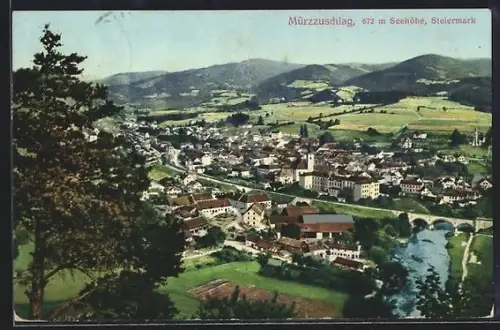AK Mürzzuschlag /Steiermark, Ortsansicht mit Brücke